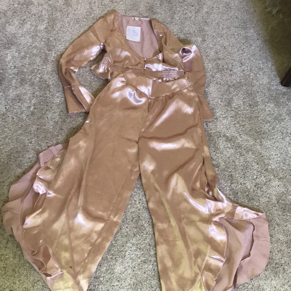 Free People Satin Pants Set in Champagne